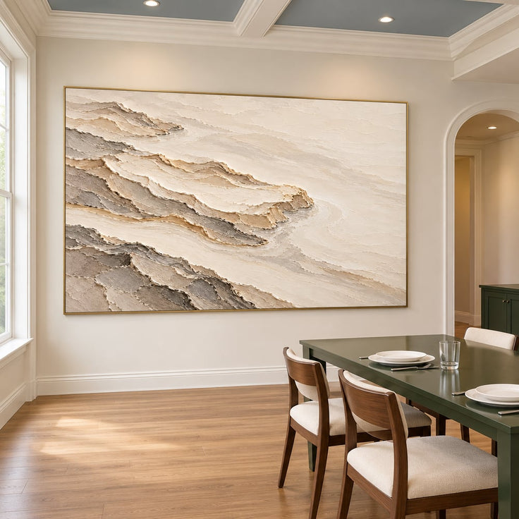 Cream and Taupe Hand-Painted 3D Textured Oil Painting, Terraced Abstract Landscape #HZKDB1K9