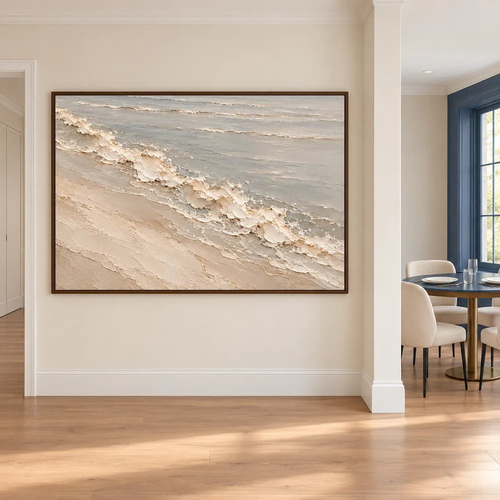 Ivory Gray Hand-Painted Oil Painting, Diagonal Shoreline Wave on a Pale Beach #A63VT0KF