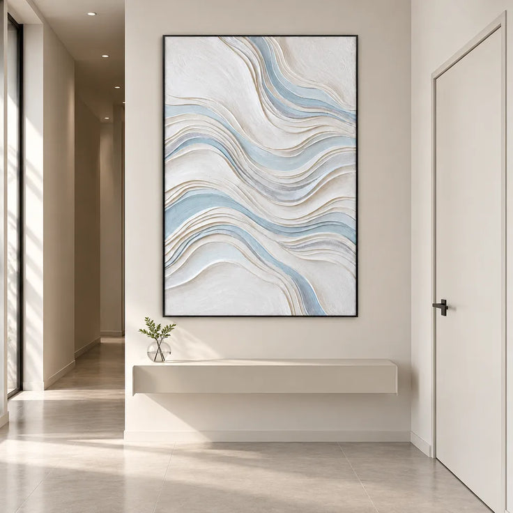 White Hand-Painted 3D Textured Oil Painting, Flowing Waves Wall Art #W2VPSFII