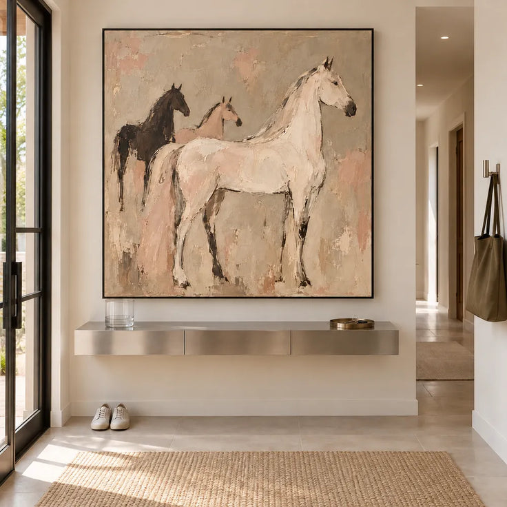 Beige & Cream Hand-Painted Oil Painting, Three Horses in a Modern Equestrian Composition #HIPLCPC8