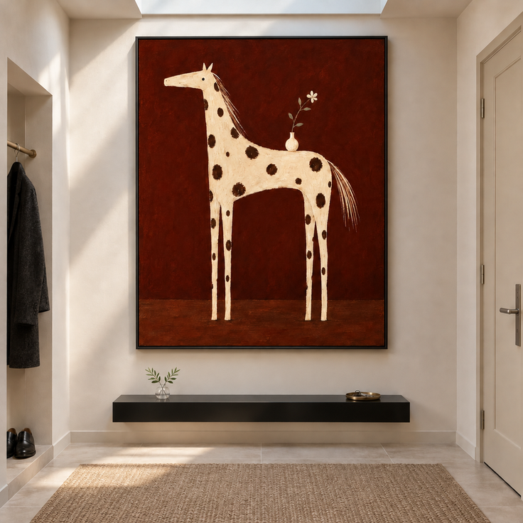 Rust Brown Hand-Painted Oil Painting, Spotted Horse with Flower Vase #N7RLL432