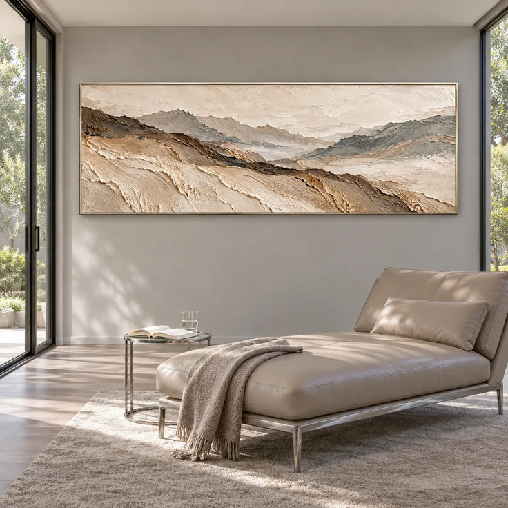 Beige Hand-Painted 3D Textured Oil Painting, Panoramic Mountain Valley #3H35H8YM