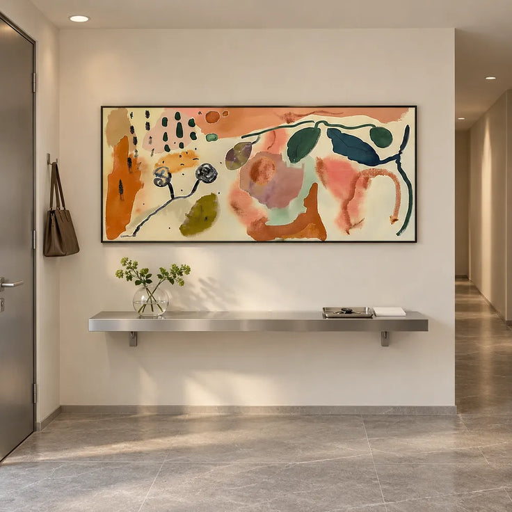Cream and Terracotta Hand-Painted Oil Painting, Botanical Abstract #R8TB20YJ