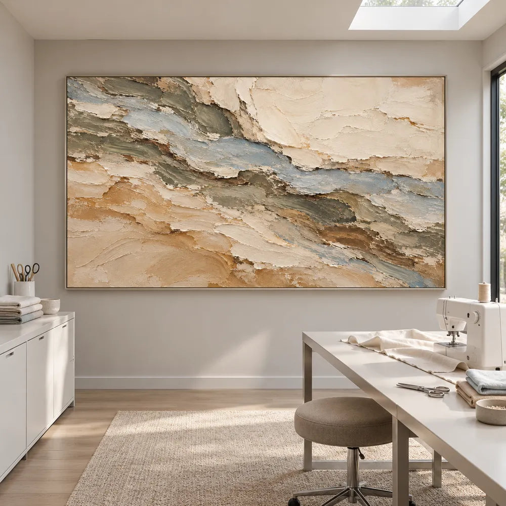 Beige Hand-Painted 3D Textured Oil Painting, Blue-Gray Diagonal Layers #S9SBK2RJ