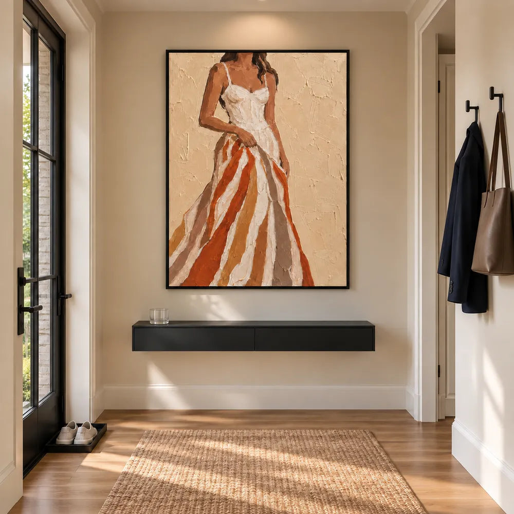 Beige & Rust Hand-Painted Oil Painting, Woman in a Flowing Dress #LMRN0GND