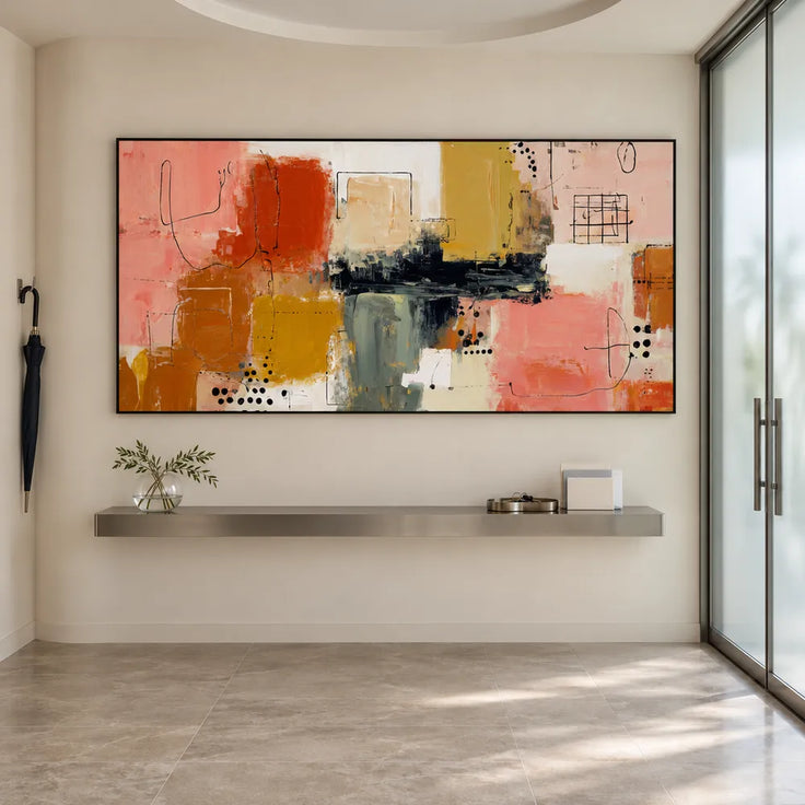 Pink and Ochre Hand-Painted Oil Painting, Graphic Color Block Abstract #7V43Y2LW