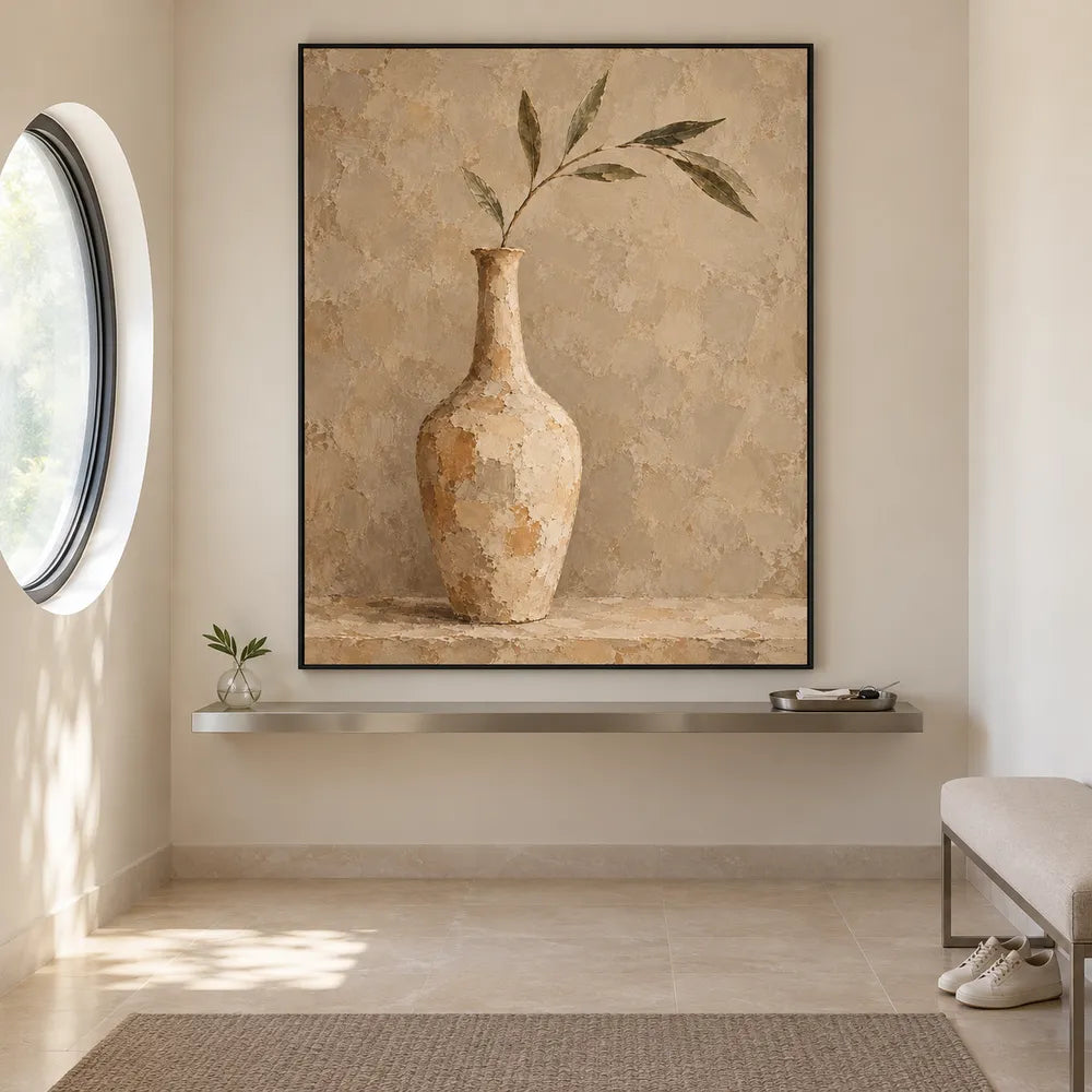 Beige Hand-Painted Oil Painting, Slender Vase with a Leafy Branch #2WV3PKSW