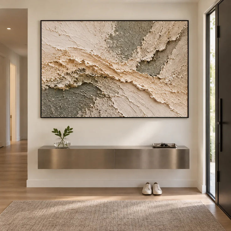Beige Hand-Painted 3D Textured Oil Painting, Diagonal Layers in Olive Gray #TNHLGOA5