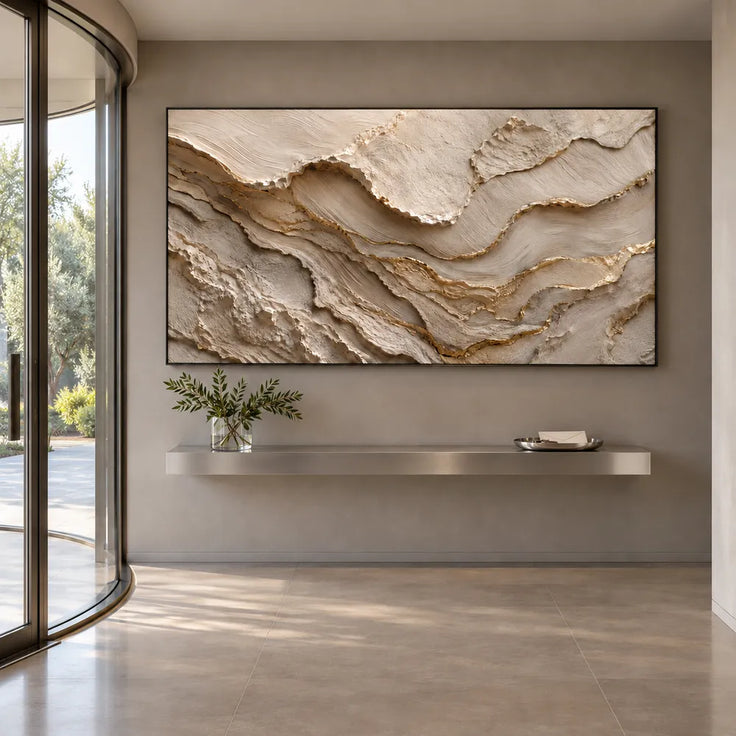Ivory and Taupe Hand-Painted 3D Textured Oil Painting, Wavy Layer Abstract #QF2DVOSX
