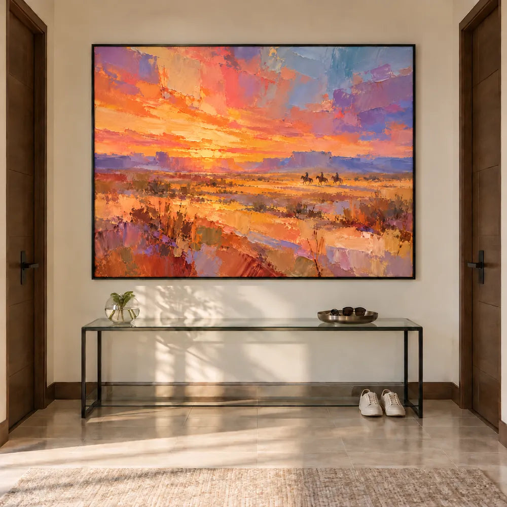 Orange & Lavender Hand-Painted Oil Painting, Three Riders in a Desert Sunset #22PVXDQ6