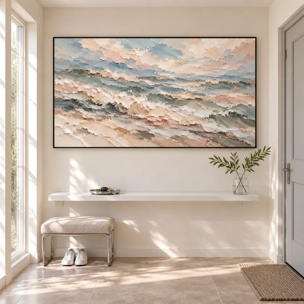 Cream and Blue Gray Hand-Painted Oil Painting, Rolling Coastal Waves #B4FLTKB2