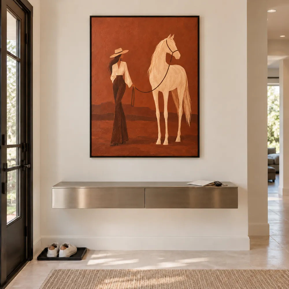 Rust Hand-Painted Oil Painting, Woman and White Horse in a Desert Landscape #O1EDDVZ6