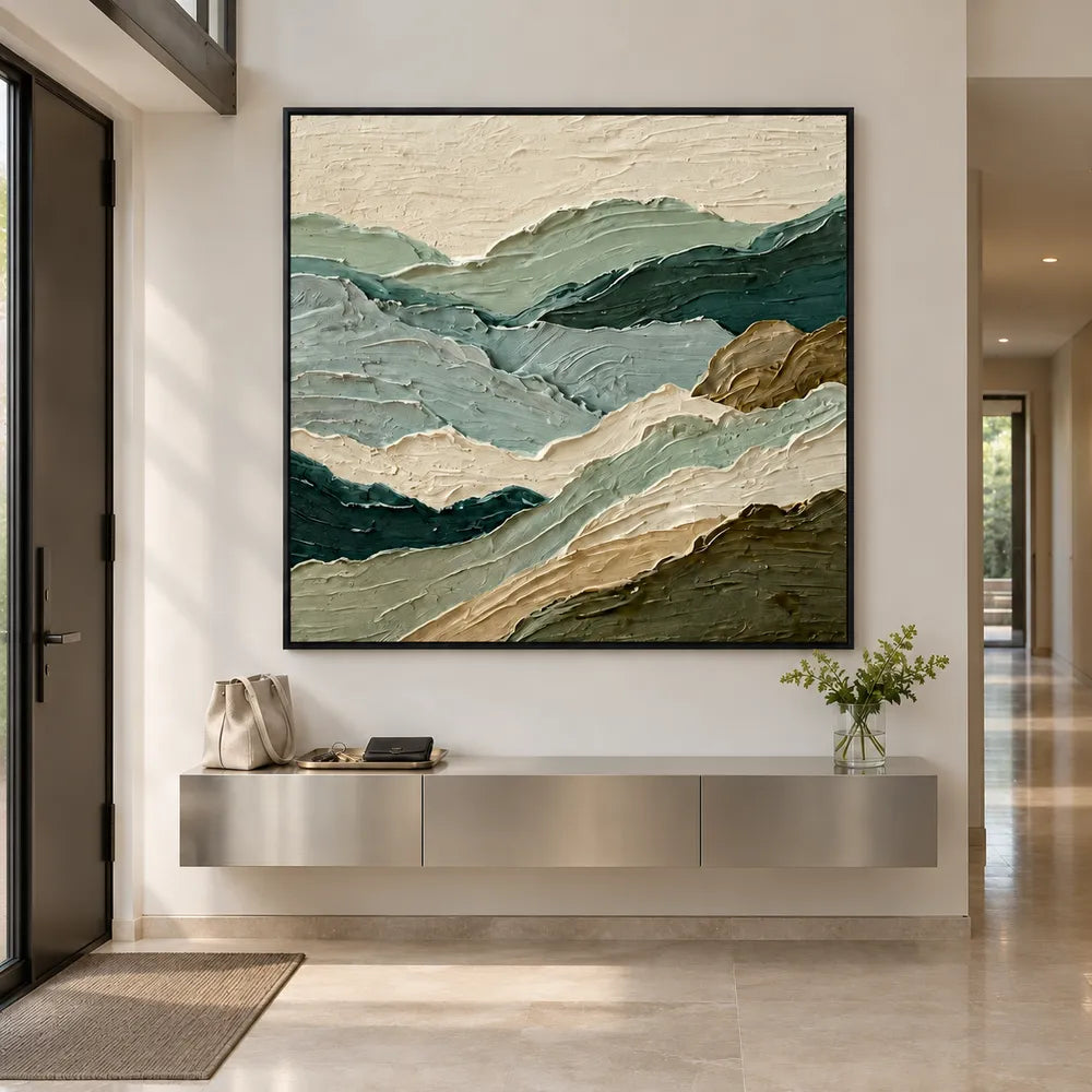 Sage Green Hand-Painted Oil Painting, Layered Mountain Landscape #PWVHIXYY