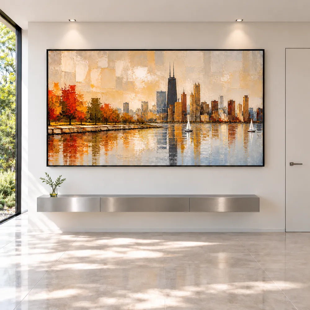 Beige Gold Hand-Painted Oil Painting, Autumn Waterfront Wall Art #CW3XQNK2