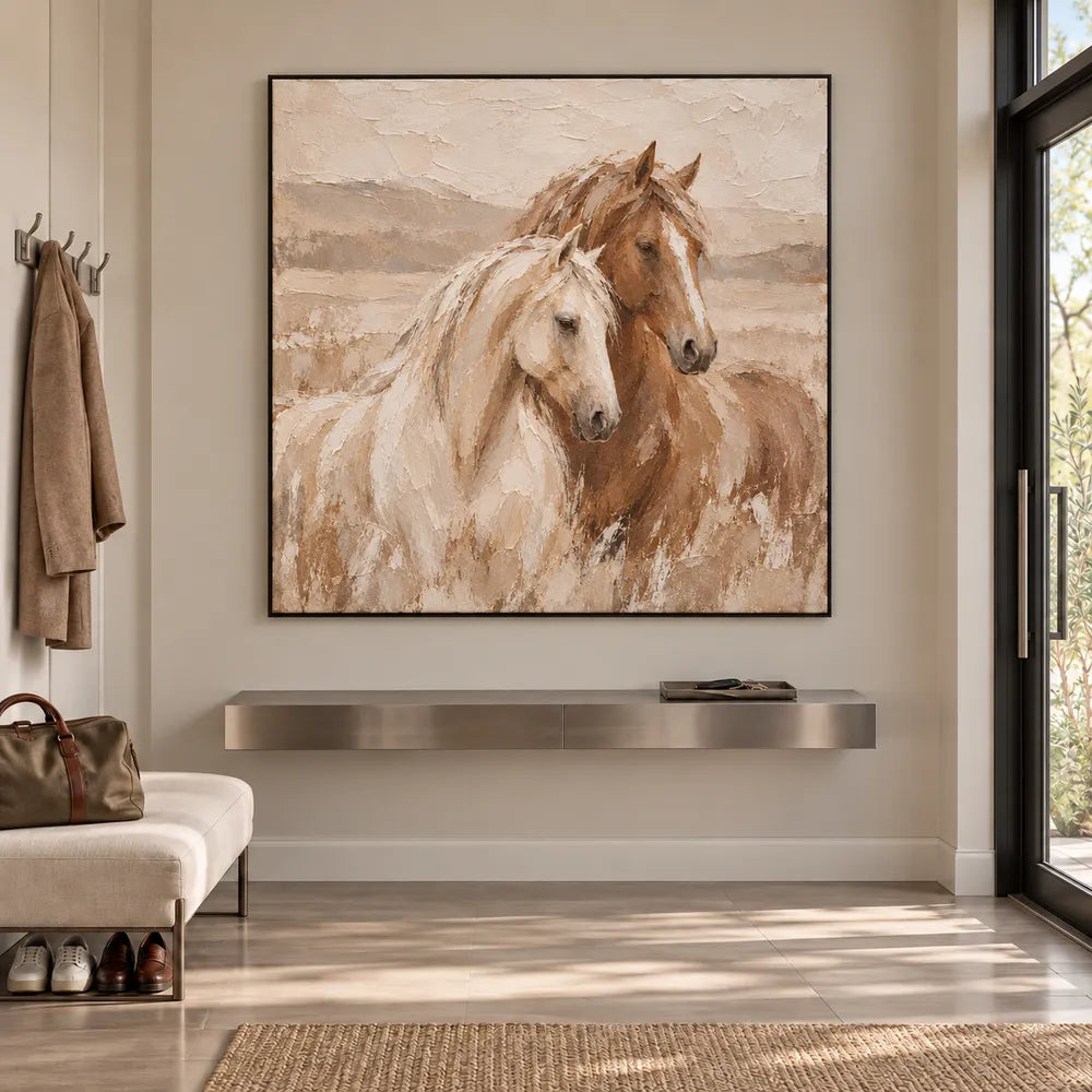 Cream & Brown Hand-Painted Oil Painting, White and Chestnut Horse Portrait #R4TZLUV7