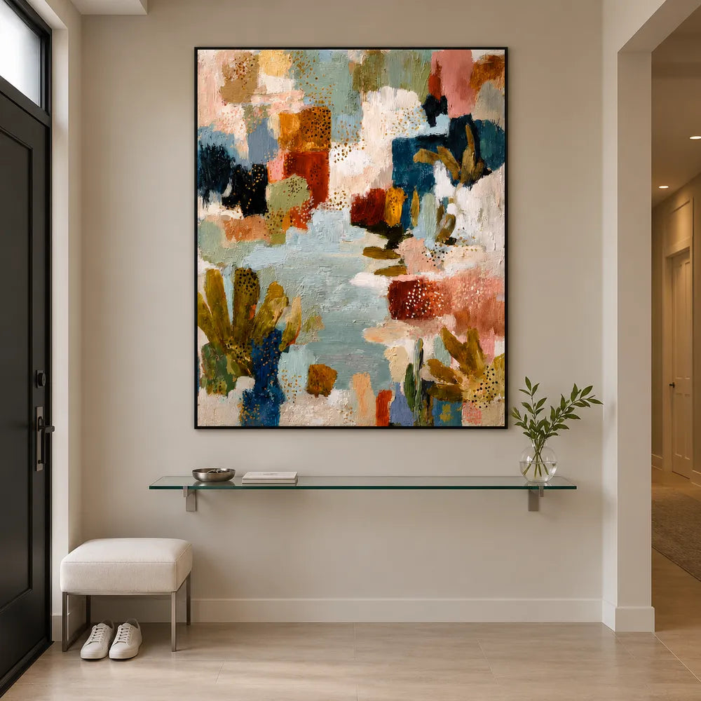 Muted Blue and Warm Neutrals Hand-Painted Oil Painting, Expressive Abstract Color Blocks #Q6Z31DUZ