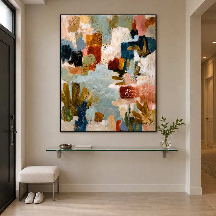 Muted Blue and Warm Neutrals Hand-Painted Oil Painting, Expressive Abstract Color Blocks #Q6Z31DUZ