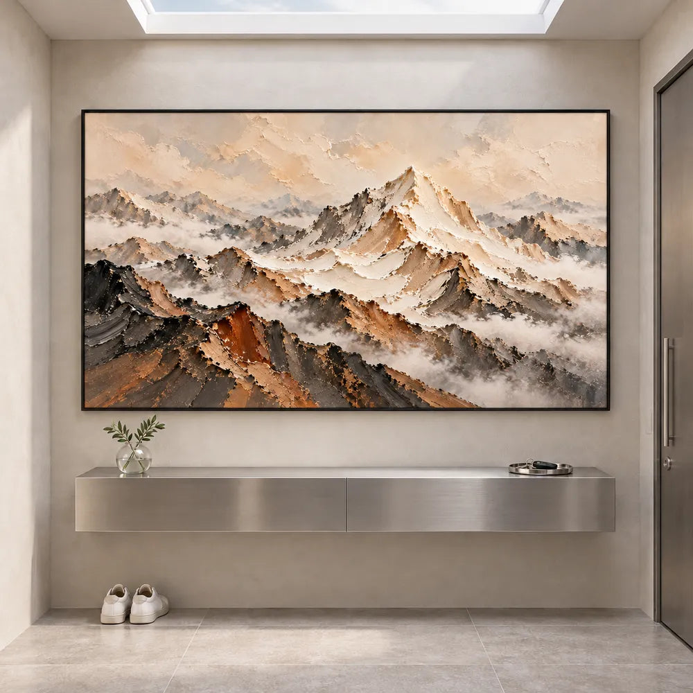 Beige and Charcoal Hand-Painted 3D Textured Oil Painting, Mountain Ridges in Mist #QUDVWPH3