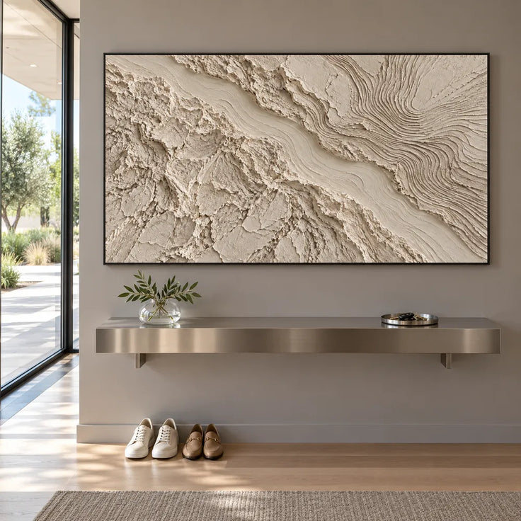 Beige Hand-Painted 3D Textured Oil Painting, Flowing Contour Abstract #A08VGDFU