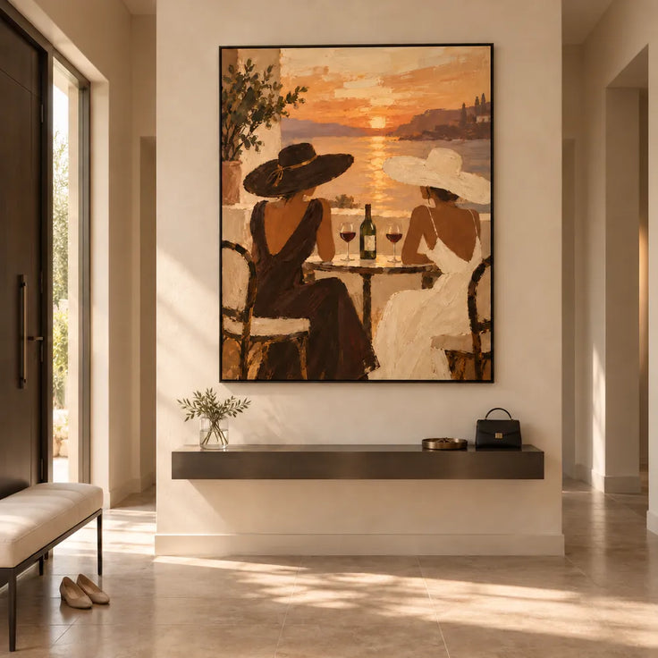Earth-Tone Hand-Painted Oil Painting, Two Women Sharing Wine by a Sunset Bay #ZMIDYNFF