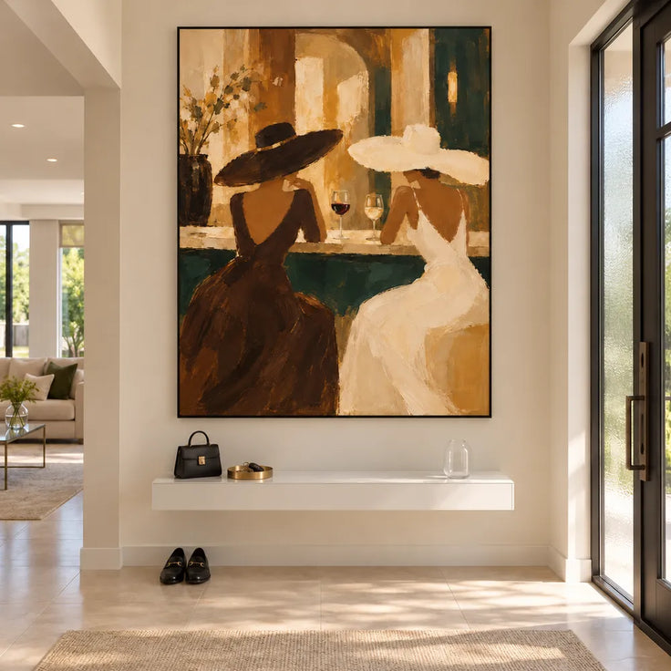 Earth-Tone Hand-Painted Oil Painting, Two Women in Wide-Brim Hats at a Bar #V8ML4SGZ