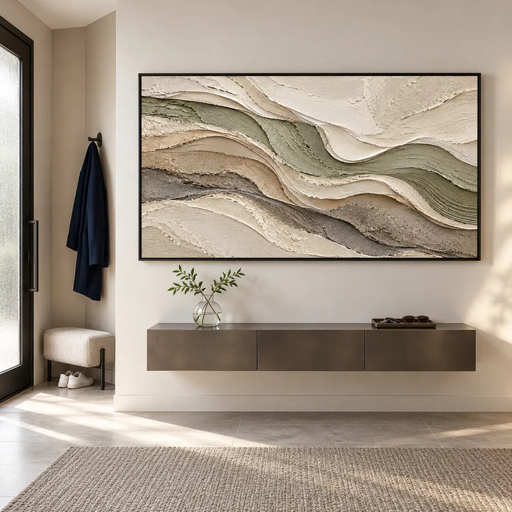 Beige Hand-Painted 3D Textured Oil Painting, Olive and Cream Wave Layers #OF6D6DT0