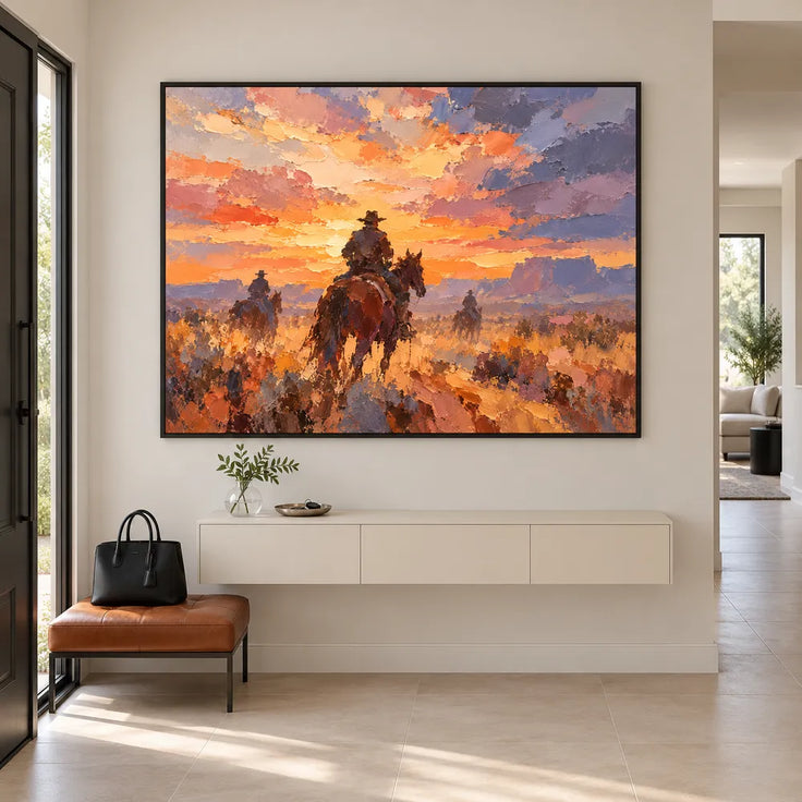 Orange Hand-Painted Oil Painting, Western Riders beneath a Sunset Sky #3T3ZPOIY