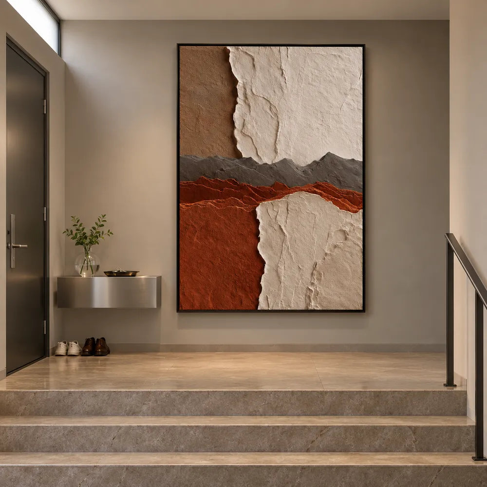 Ivory and Rust Hand-Painted 3D Textured Oil Painting, Layered Ridge Abstract #I8S5QRXD