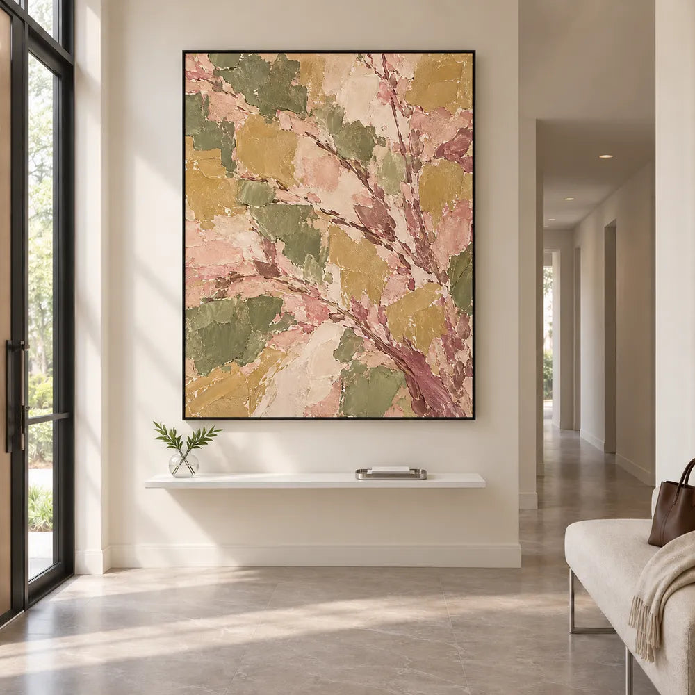 Olive and Blush Hand-Painted Oil Painting, Sweeping Botanical Branches #8PND22D9