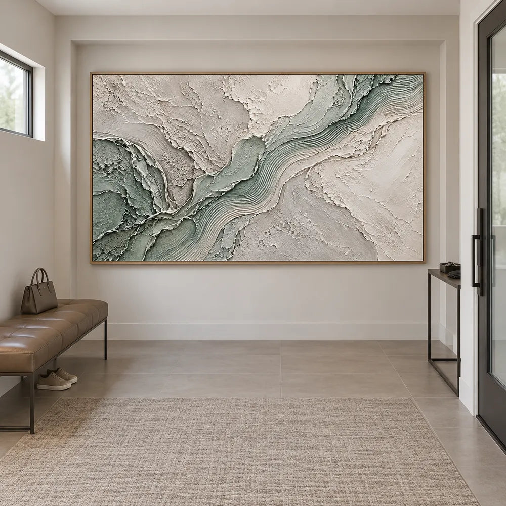 Sage and White Hand-Painted 3D Textured Oil Painting, Flowing Ridges #4SLLXKNH
