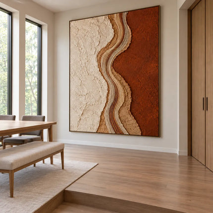 Cream & Terracotta Hand-Painted 3D Textured Oil Painting, Wavy Abstract Band #E5HLHQUE
