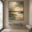 Olive Gray Hand-Painted Oil Painting, Abstract Shoreline and Pale Reflection #W805EAVM