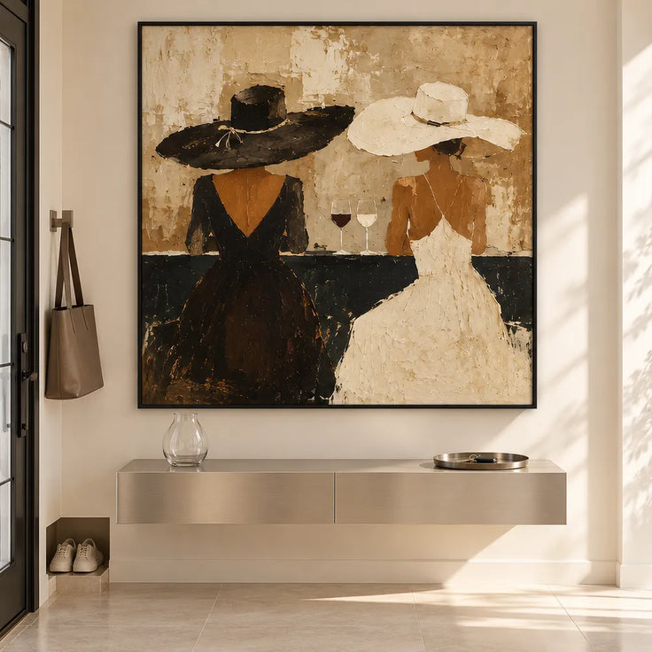 Beige Black Hand-Painted Oil Painting, Two Women in Black and Ivory Dresses #RDT3ONMB