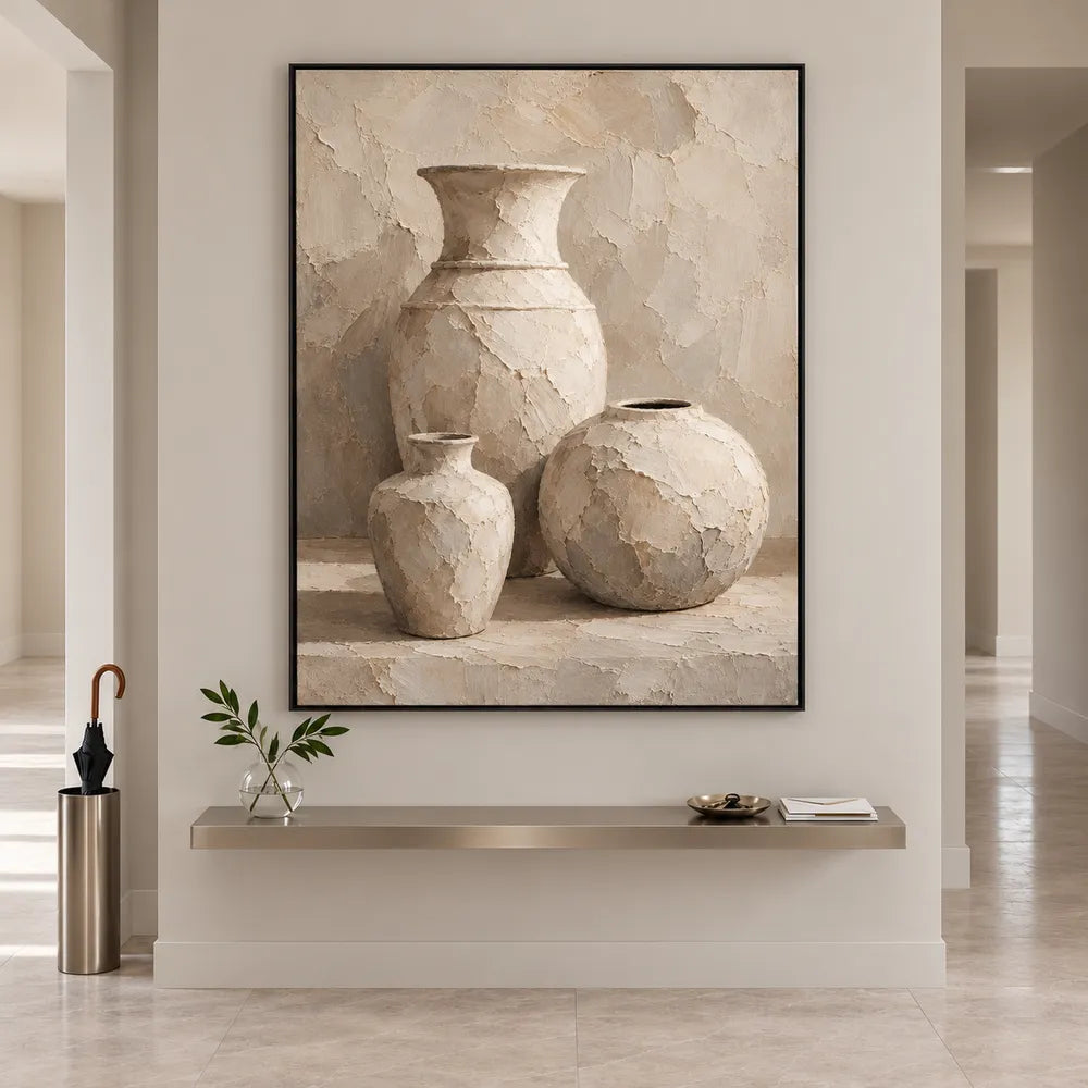 Cream Hand-Painted Oil Painting, Three Vessels on a Pale Ledge #SP4VXF23