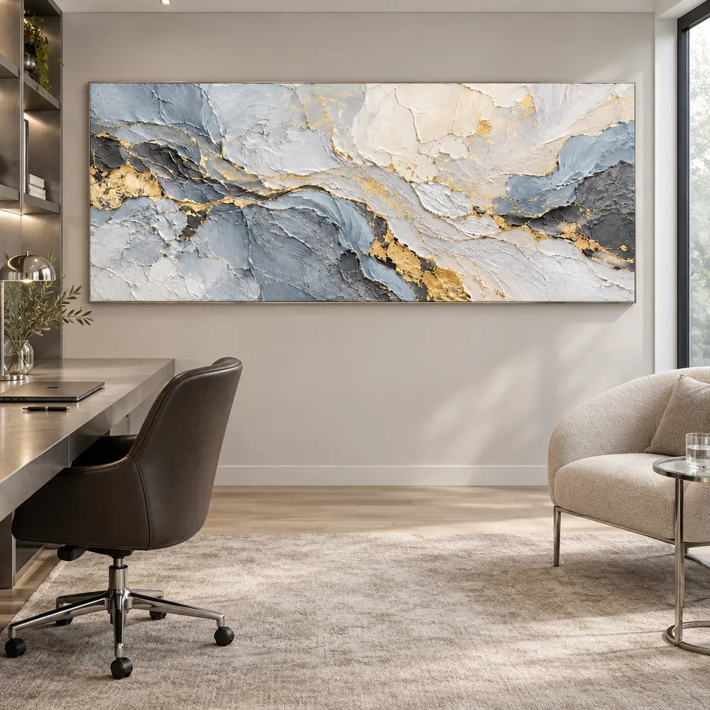Gray Hand-Painted 3D Textured Oil Painting, Pale Layers with Gold Tones #LRQBCA6S