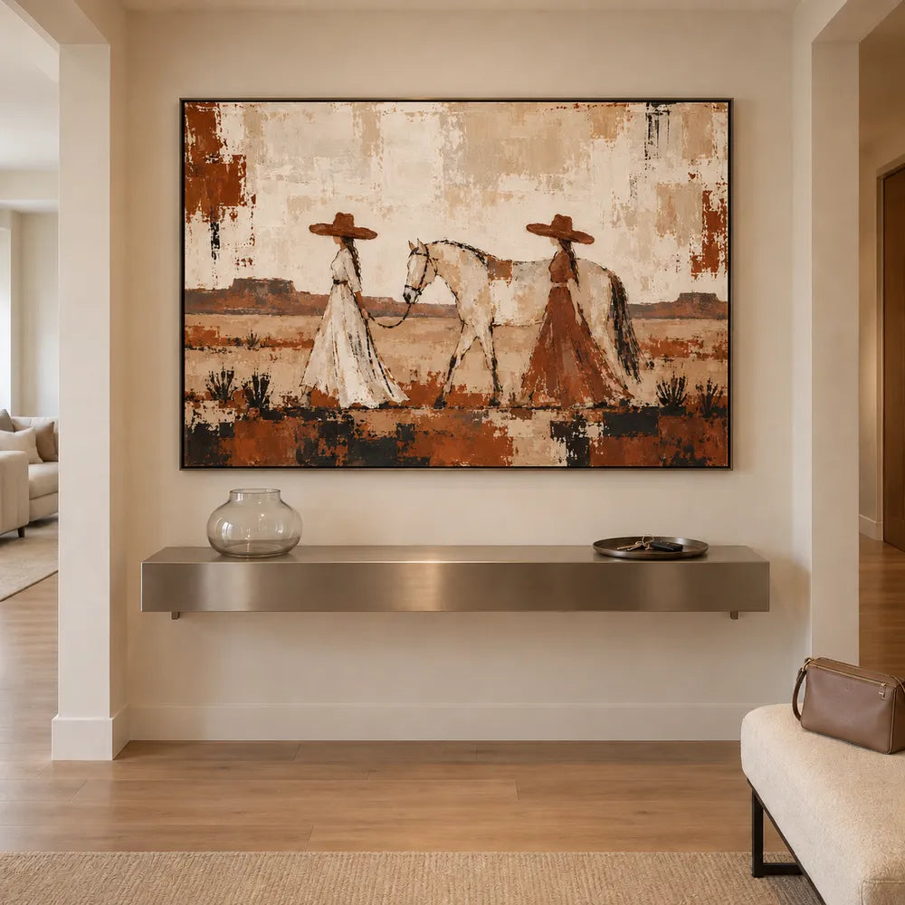 Cream & Rust Hand-Painted Oil Painting, Two Women Walking with a Horse #AROTNDU1