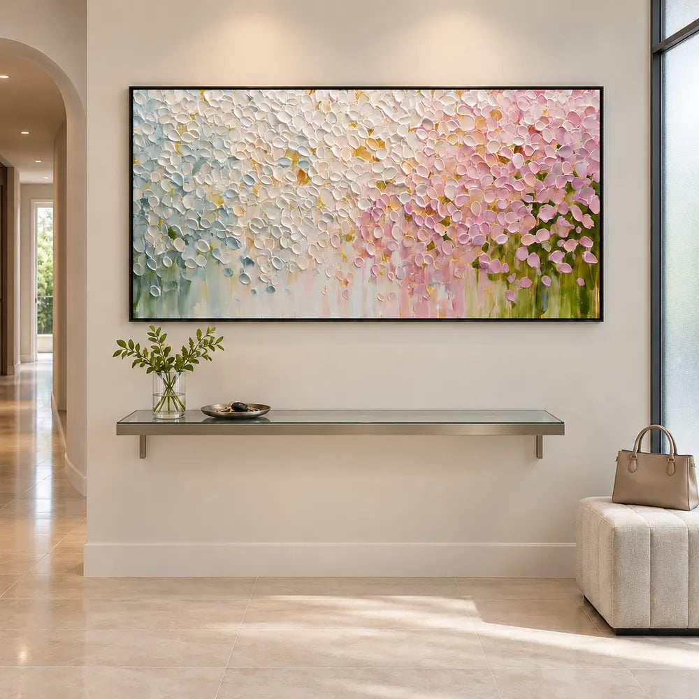 Cream and Pink Hand-Painted Oil Painting, Cascading Floral Petals #AN8LZER5