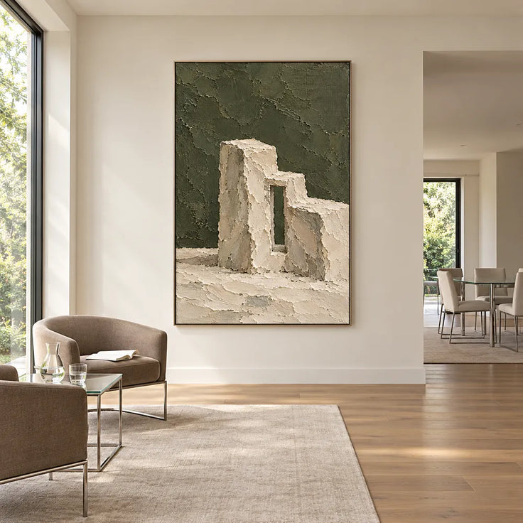 Olive Green Hand-Painted Painting, Cream Stepped Architecture #0MCLXG8H