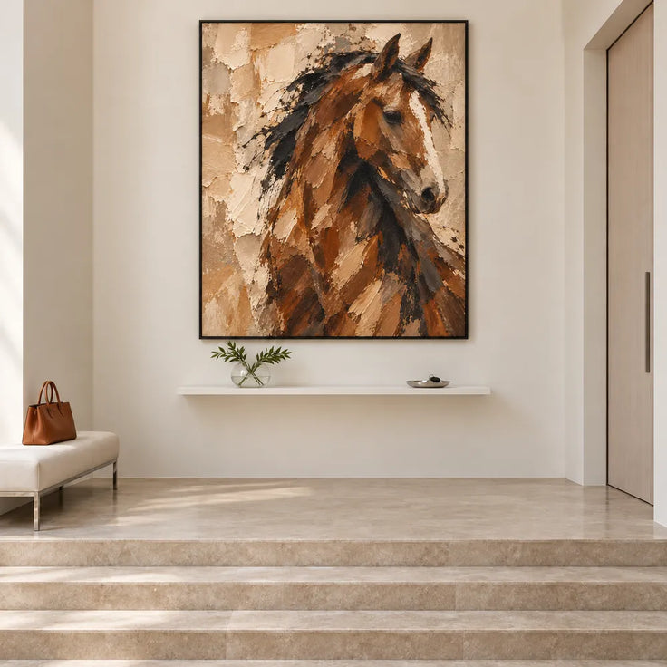 Chestnut Brown Hand-Painted Oil Painting, Expressive Horse Portrait #X4ZDTYL9
