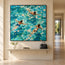 Turquoise Hand-Painted Oil Painting, Three Swimmers Viewed from Above #NL63J63Q