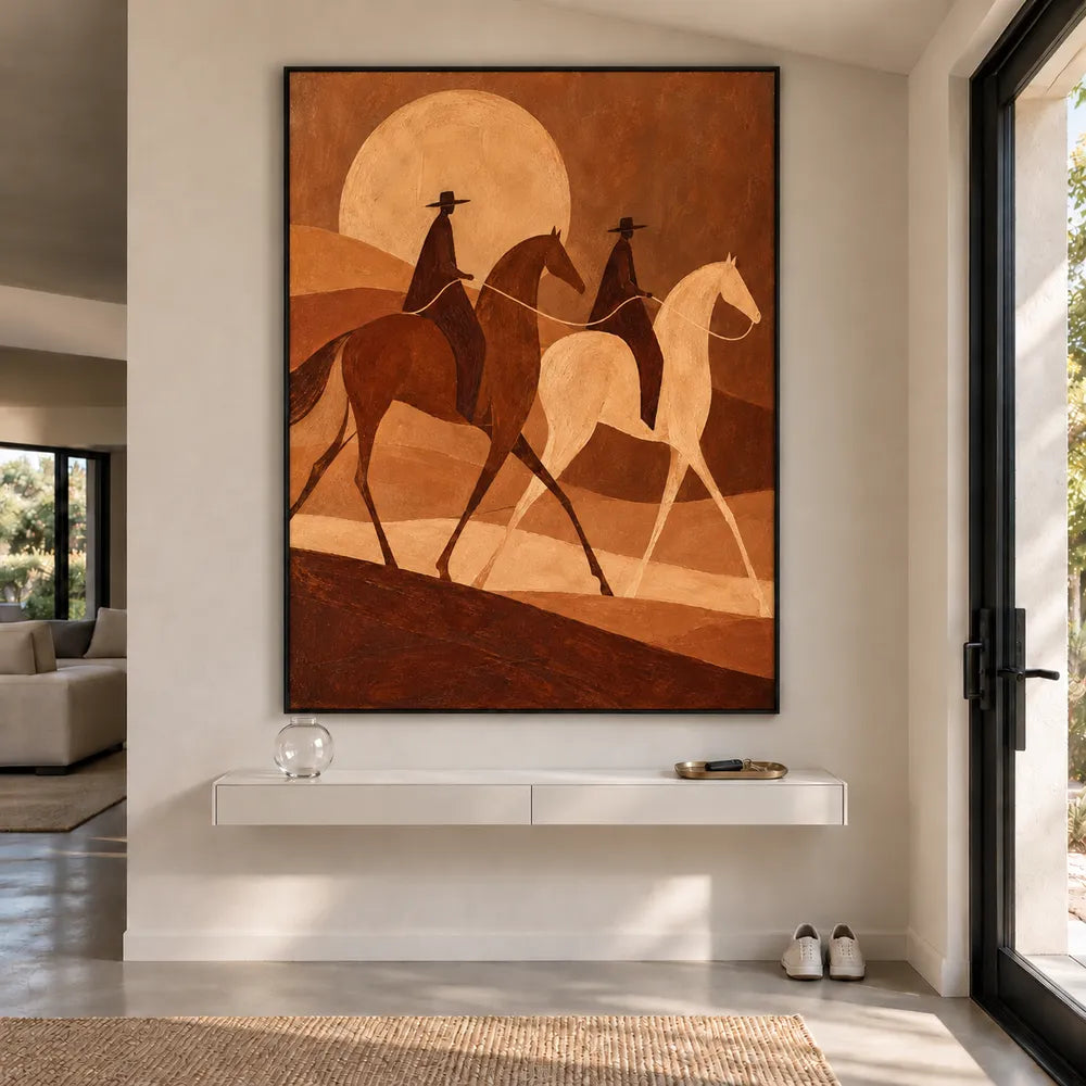 Brown Hand-Painted Oil Painting, Two Riders Beneath a Golden Sun #M7HL0PQE