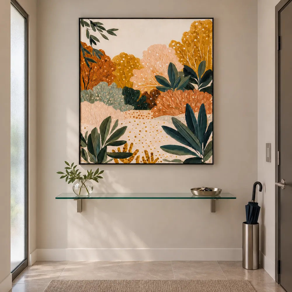 Cream and Ochre Hand-Painted Oil Painting, Stylized Garden Foliage #UATDX9Y6