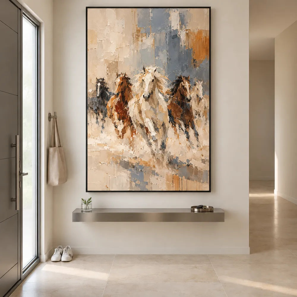Cream and Slate Blue Hand-Painted Oil Painting, Five Running Horses #63S5E3ZM