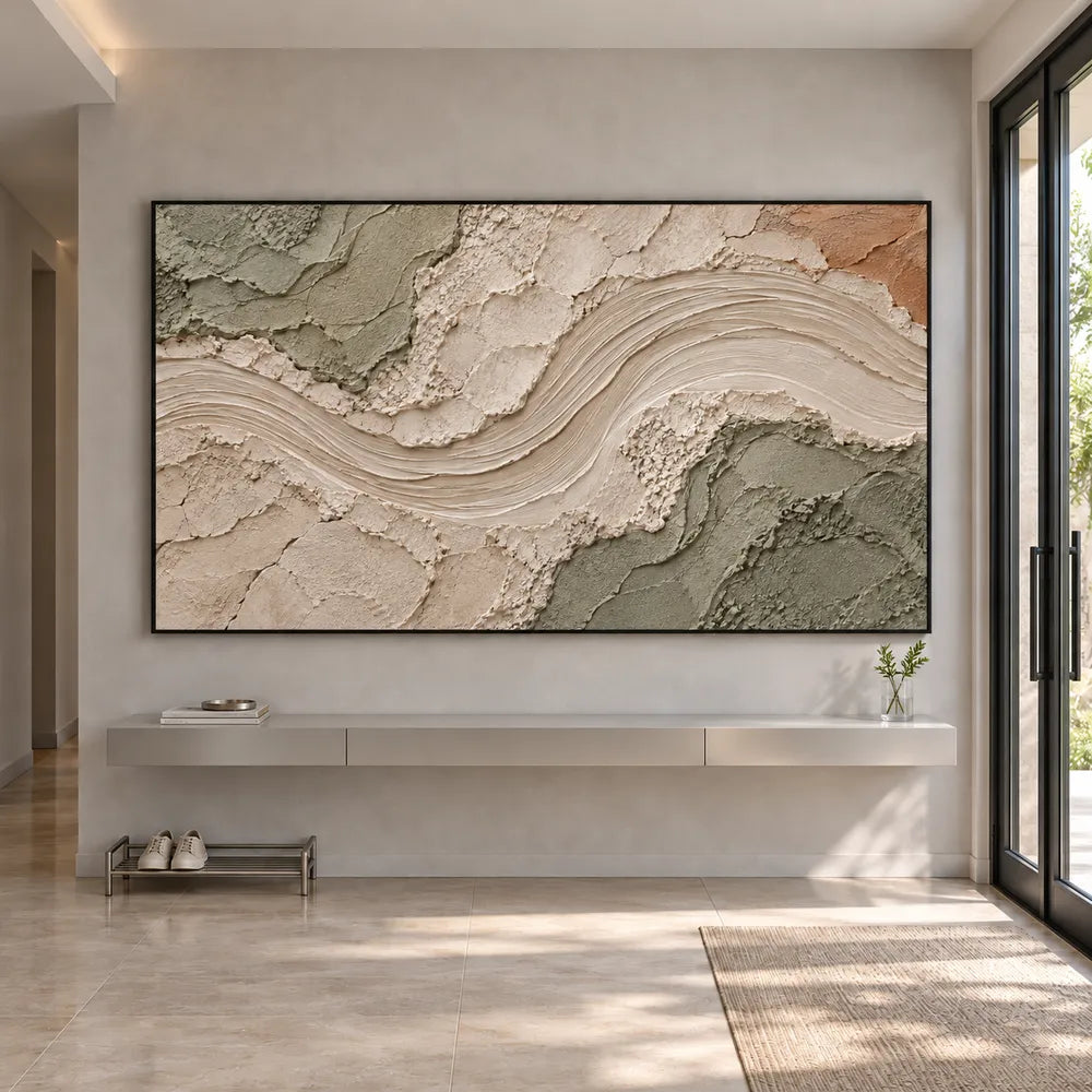 Beige & Sage Hand-Painted 3D Textured Oil Painting, Curved Ribbon Abstract Wall Art #6BLZCD7P