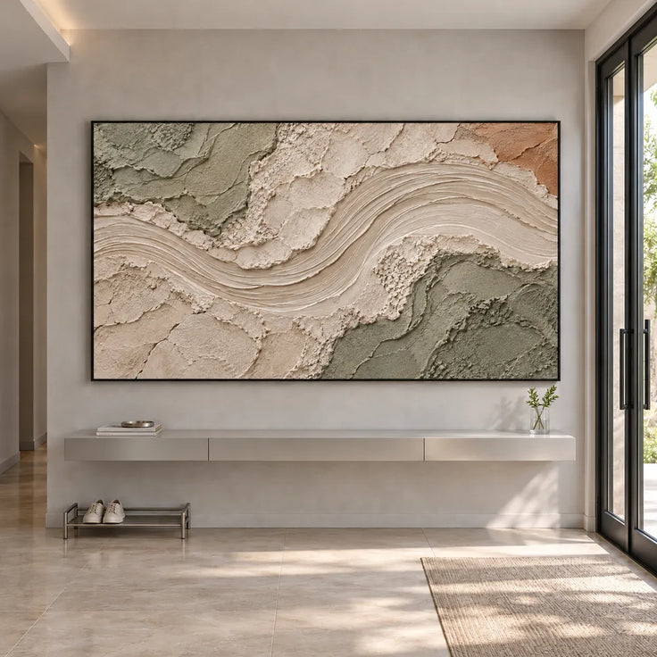 Beige & Sage Hand-Painted 3D Textured Oil Painting, Curved Ribbon Abstract Wall Art #6BLZCD7P
