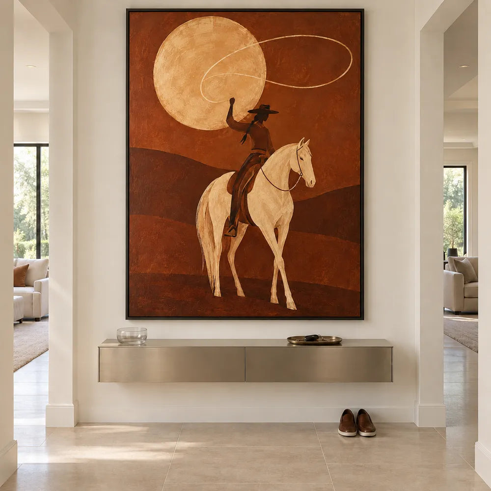 Brown Hand-Painted Oil Painting, Lasso Rider on a Cream Horse #6FDNCBOV