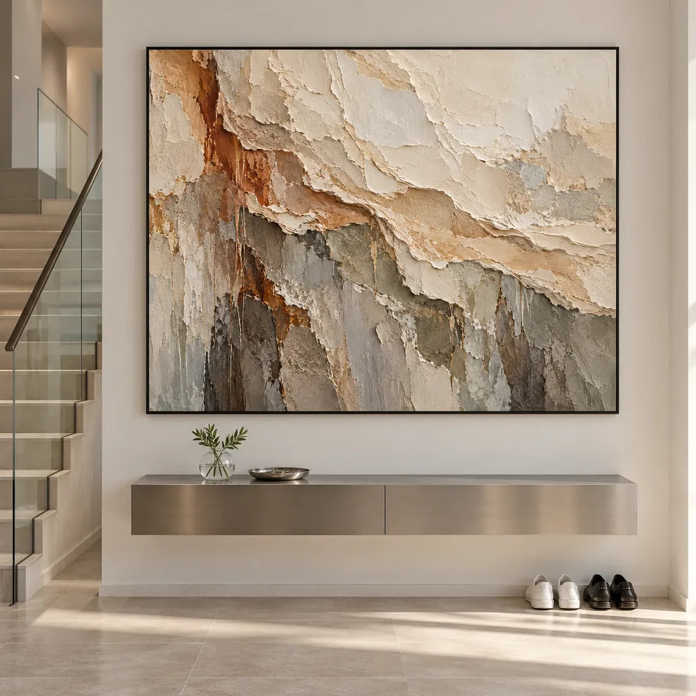 Cream and Gray Hand-Painted 3D Textured Oil Painting, Diagonal Abstract Escarpment #46H337UB