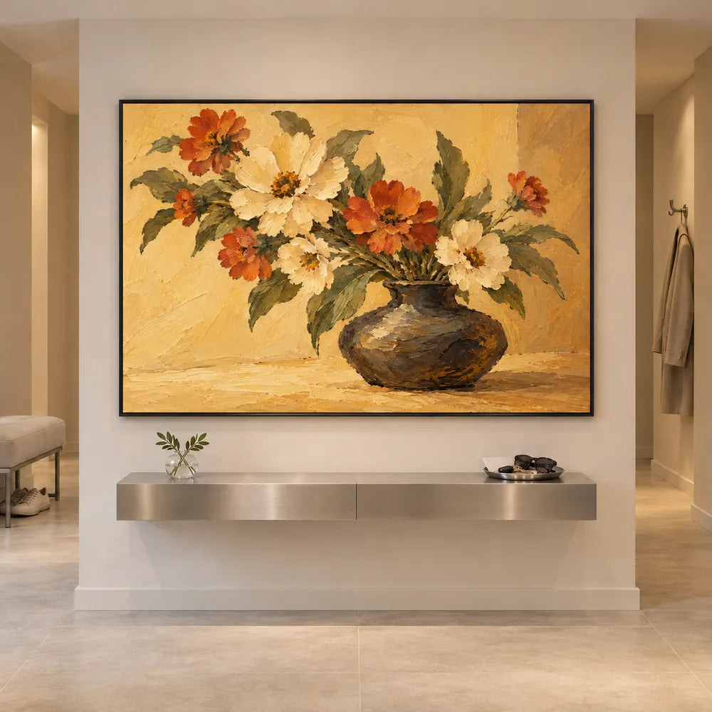 Yellow Hand-Painted Oil Painting, Cream and Orange Floral Bouquet #8FD36JJN