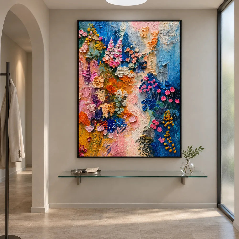 Blue and Pink Hand-Painted Oil Painting, Expressive Floral Abstract #SPCZIUW7