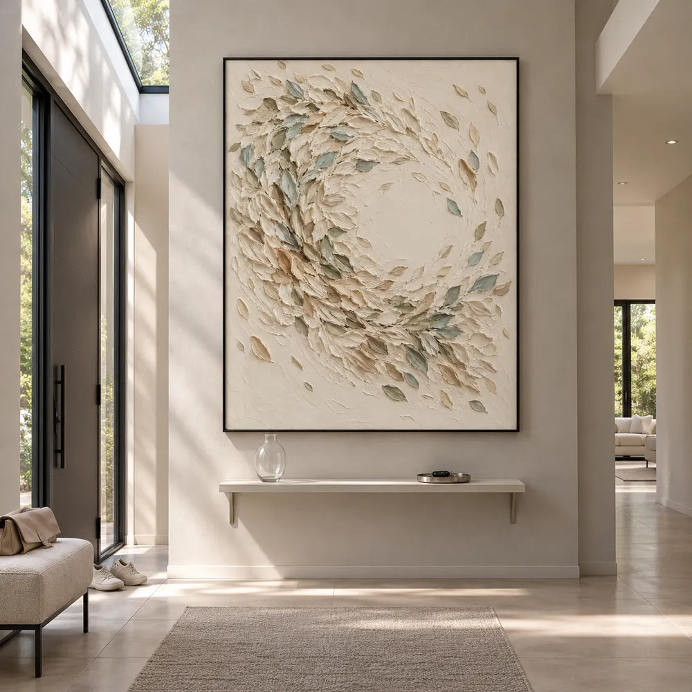 Cream Hand-Painted 3D Textured Oil Painting, Sage Leaf Swirl Wall Art #2JPRKE6N